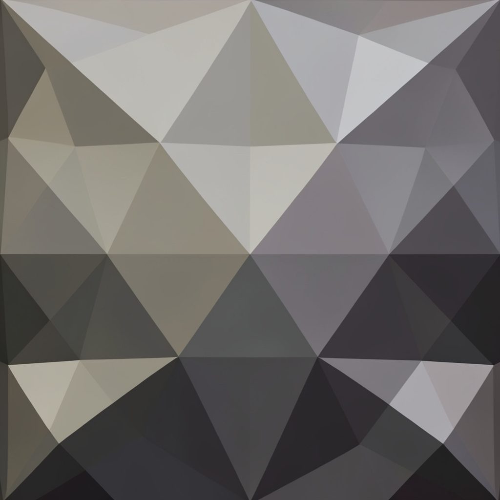 Composición geométrica de baja poligonización con formas facetadas en tonos violetas, naranjas y azules profundos, creando una atmósfera lúdica y vibrante.